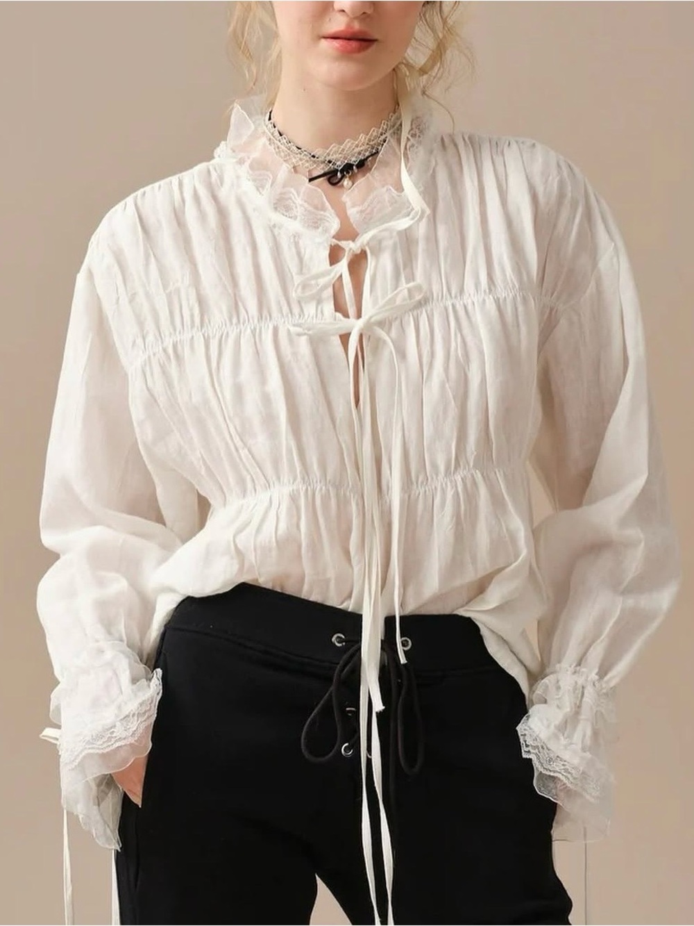 Lace up Linen shirt blouse Linennaive with bell sleeves